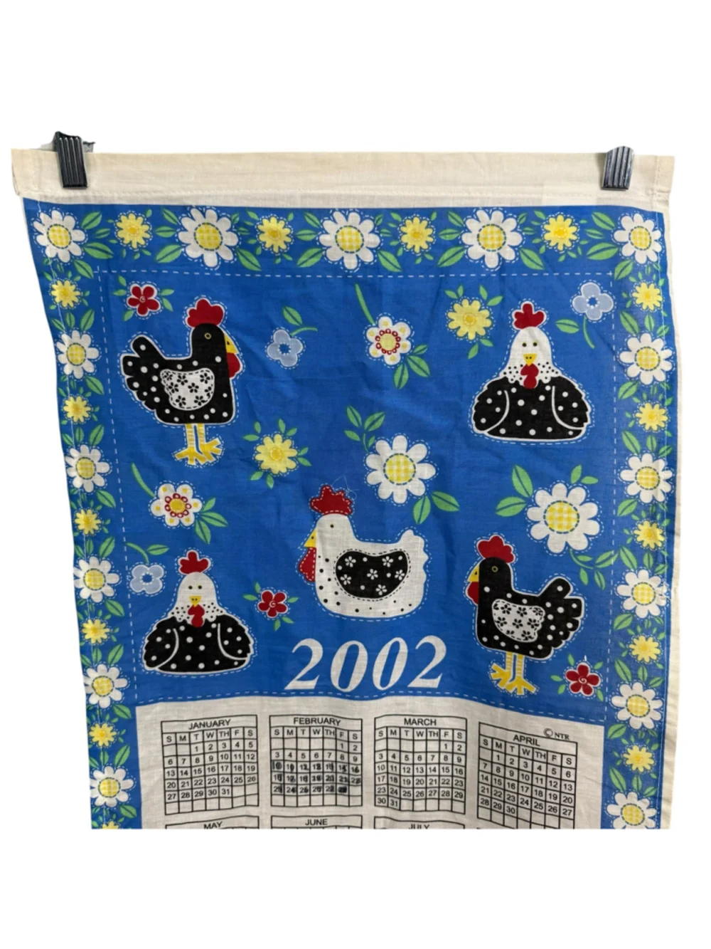 Vintage 2002 Chicken Rooster Calendar Tea Towel Blue Floral Cotton Kitchen Towel